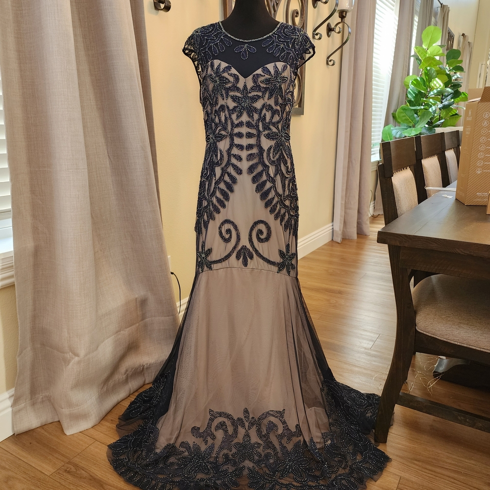 Collection B Navy and Beige Embroidered/Beaded Gown